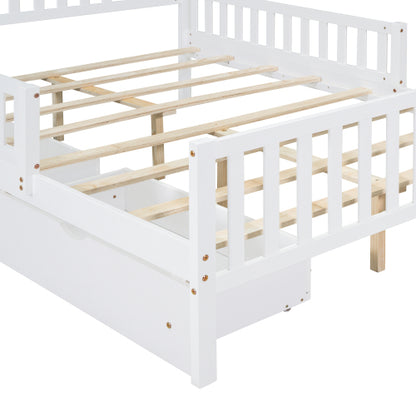Full Size Wood Platform Bed with Guardrails on Both Sides and Two Storage Drawers ,White