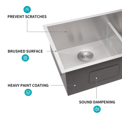 33"x19"x10" Undermount Double Bowl(60/40) Kitchen Sink - 16 Gauge with Two 10" Deep Basin