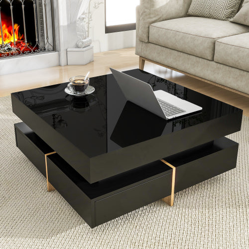 Black Modern High Gloss Square Coffee Table With Four Storage Drawers