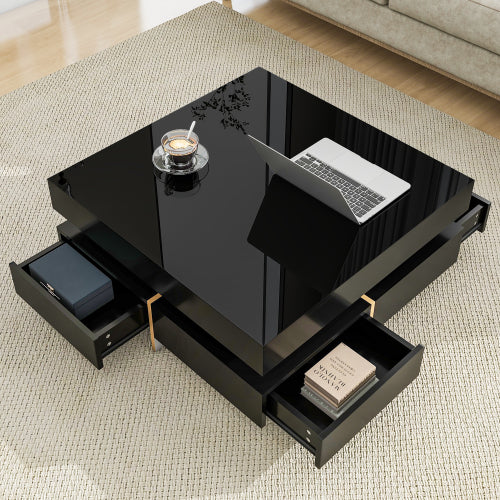 Black Modern High Gloss Square Coffee Table With Four Storage Drawers