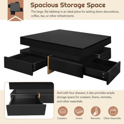Black Modern High Gloss Square Coffee Table With Four Storage Drawers