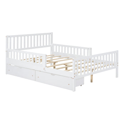 Full Size Wood Platform Bed with Guardrails on Both Sides and Two Storage Drawers ,White