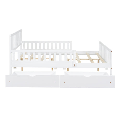 Full Size Wood Platform Bed with Guardrails on Both Sides and Two Storage Drawers ,White