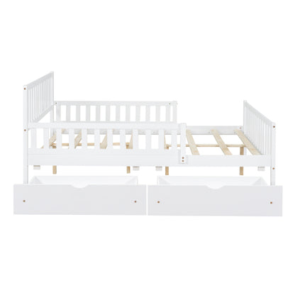 Full Size Wood Platform Bed with Guardrails on Both Sides and Two Storage Drawers ,White