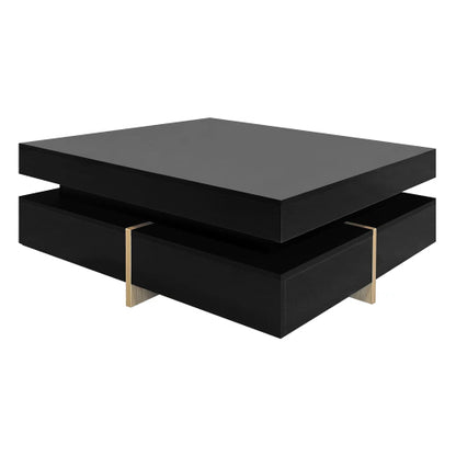 Black Modern High Gloss Square Coffee Table With Four Storage Drawers