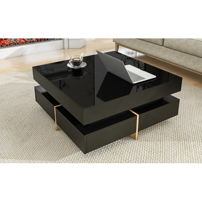Black Modern High Gloss Square Coffee Table With Four Storage Drawers