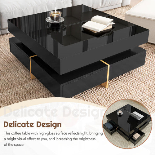 Black Modern High Gloss Square Coffee Table With Four Storage Drawers