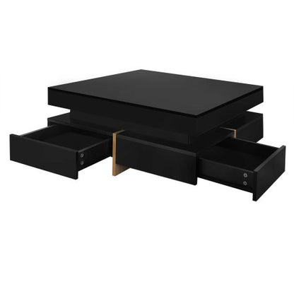 Black Modern High Gloss Square Coffee Table With Four Storage Drawers