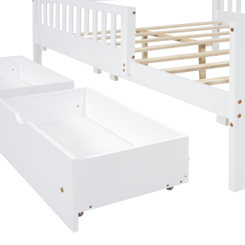 Full Size Wood Platform Bed with Guardrails on Both Sides and Two Storage Drawers ,White