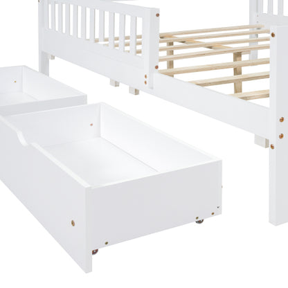 Full Size Wood Platform Bed with Guardrails on Both Sides and Two Storage Drawers ,White