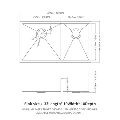 33"x19"x10" Undermount Double Bowl(60/40) Kitchen Sink - 16 Gauge with Two 10" Deep Basin