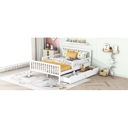 Full Size Wood Platform Bed with Guardrails on Both Sides and Two Storage Drawers ,White