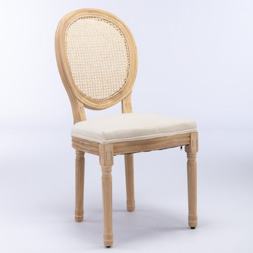 Set of 2 Cream Beige French Solid Wood Rattan Back Dining Chairs, Antique Carved Frame 300 LBS Load