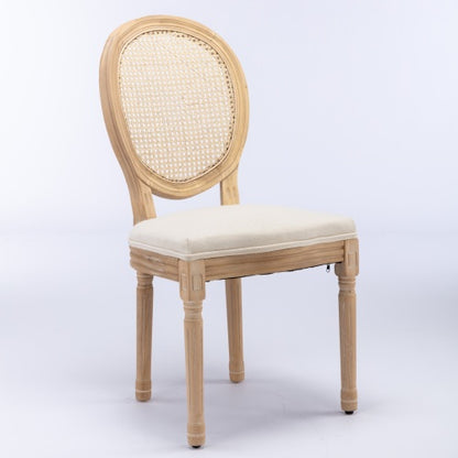 Set of 2 Cream Beige French Solid Wood Rattan Back Dining Chairs, Antique Carved Frame 300 LBS Load