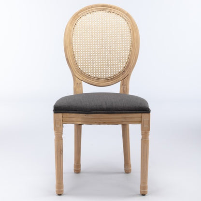 Set of 2 Gray French Solid Wood Rattan Back Dining Chairs, Antique Carved Frame 300 LBS Capacity