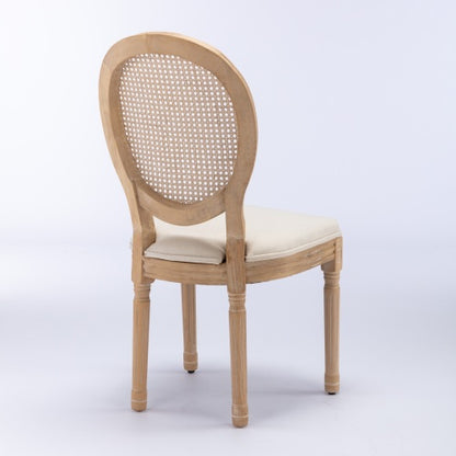 Set of 2 Cream Beige French Solid Wood Rattan Back Dining Chairs, Antique Carved Frame 300 LBS Load