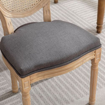 Set of 2 Gray French Solid Wood Rattan Back Dining Chairs, Antique Carved Frame 300 LBS Capacity