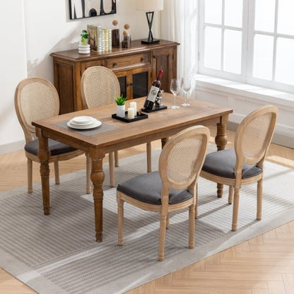 Set of 2 Gray French Solid Wood Rattan Back Dining Chairs, Antique Carved Frame 300 LBS Capacity