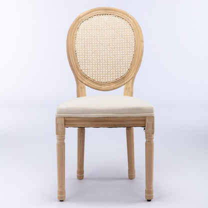 Set of 2 Cream Beige French Solid Wood Rattan Back Dining Chairs, Antique Carved Frame 300 LBS Load