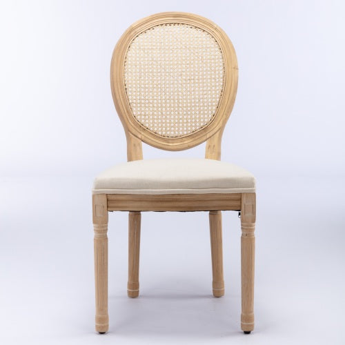 Set of 2 Cream Beige French Solid Wood Rattan Back Dining Chairs, Antique Carved Frame 300 LBS Load