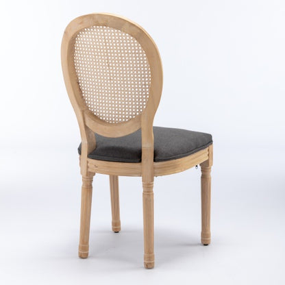 Set of 2 Gray French Solid Wood Rattan Back Dining Chairs, Antique Carved Frame 300 LBS Capacity