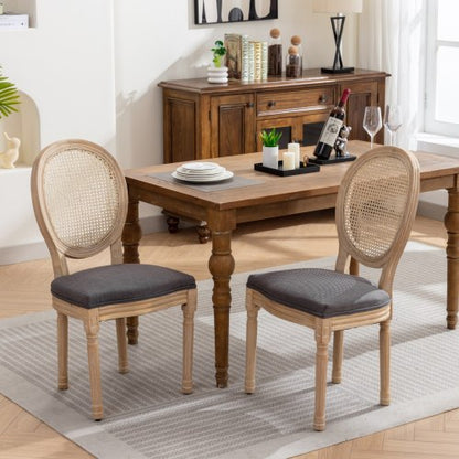 Set of 2 Gray French Solid Wood Rattan Back Dining Chairs, Antique Carved Frame 300 LBS Capacity