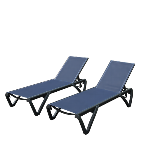 Outdoor Lounge Chair, 2 Pieces Aluminum Plastic Patio Chaise Lounge with 5 Position Adjustable Backrest and Wheels, All Weather Reclining Chair for Patio, Navy Blue