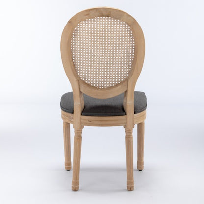 Set of 2 Gray French Solid Wood Rattan Back Dining Chairs, Antique Carved Frame 300 LBS Capacity