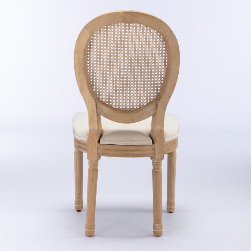 Set of 2 Cream Beige French Solid Wood Rattan Back Dining Chairs, Antique Carved Frame 300 LBS Load