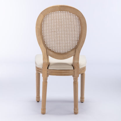 Set of 2 Cream Beige French Solid Wood Rattan Back Dining Chairs, Antique Carved Frame 300 LBS Load