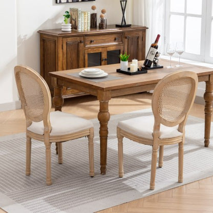 Set of 2 Cream Beige French Solid Wood Rattan Back Dining Chairs, Antique Carved Frame 300 LBS Load