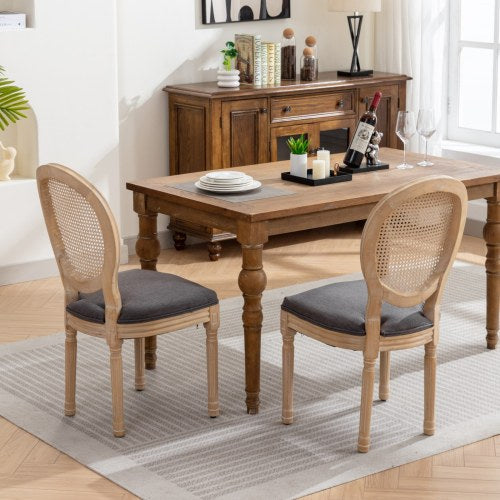 Set of 2 Gray French Solid Wood Rattan Back Dining Chairs, Antique Carved Frame 300 LBS Capacity