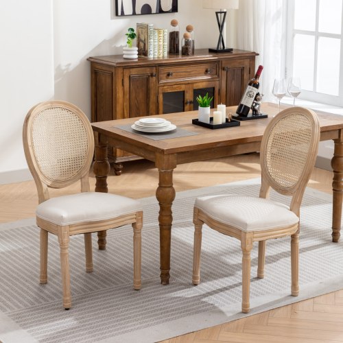 Set of 2 Cream Beige French Solid Wood Rattan Back Dining Chairs, Antique Carved Frame 300 LBS Load