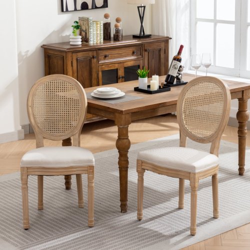 Set of 2 Cream Beige French Solid Wood Rattan Back Dining Chairs, Antique Carved Frame 300 LBS Load