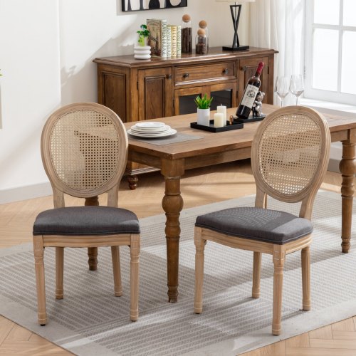 Set of 2 Gray French Solid Wood Rattan Back Dining Chairs, Antique Carved Frame 300 LBS Capacity