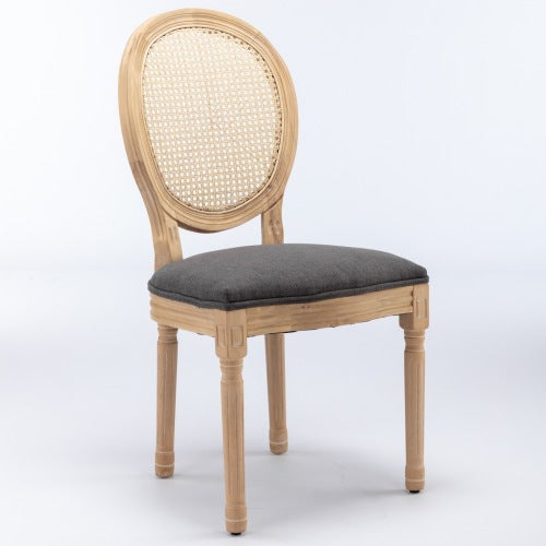 Set of 2 Gray French Solid Wood Rattan Back Dining Chairs, Antique Carved Frame 300 LBS Capacity