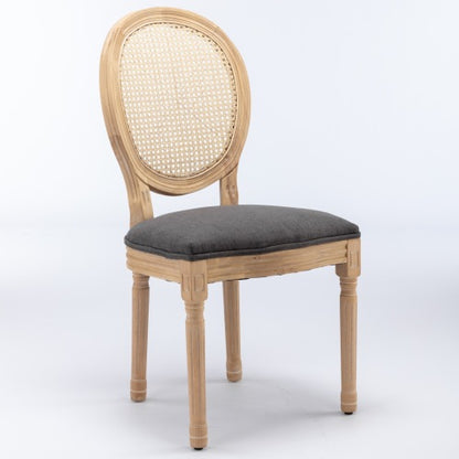 Set of 2 Gray French Solid Wood Rattan Back Dining Chairs, Antique Carved Frame 300 LBS Capacity