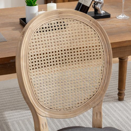 Set of 2 Gray French Solid Wood Rattan Back Dining Chairs, Antique Carved Frame 300 LBS Capacity