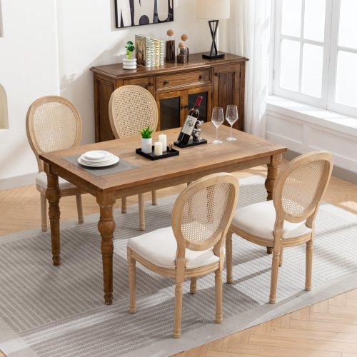 Set of 2 Cream Beige French Solid Wood Rattan Back Dining Chairs, Antique Carved Frame 300 LBS Load