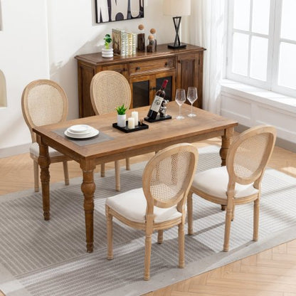 Set of 2 Cream Beige French Solid Wood Rattan Back Dining Chairs, Antique Carved Frame 300 LBS Load