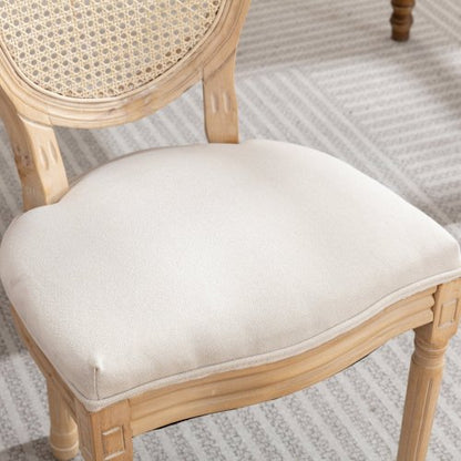 Set of 2 Cream Beige French Solid Wood Rattan Back Dining Chairs, Antique Carved Frame 300 LBS Load