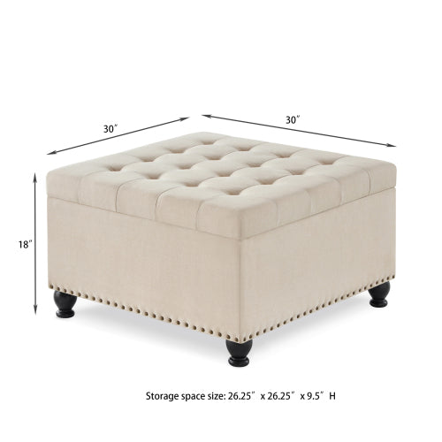 Beige Linen Square Storage Ottoman, Button Tufted Ottoman Coffee Table with Nail Trim & Wooden Legs, 30 inchW x30 inchD x18 inchH