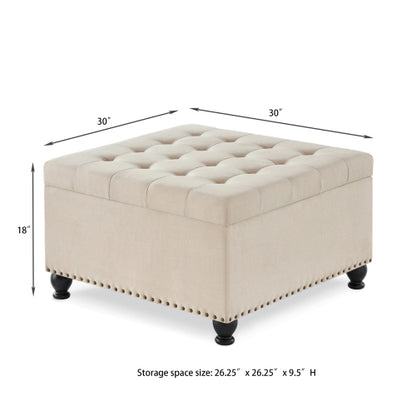 Beige Linen Square Storage Ottoman, Button Tufted Ottoman Coffee Table with Nail Trim & Wooden Legs, 30 inchW x30 inchD x18 inchH