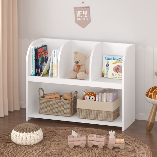 White 4-Compartment Kids Safety Bookcase, MDF Toy Storage Rack Max Load 25Lbs with Wall Buckle