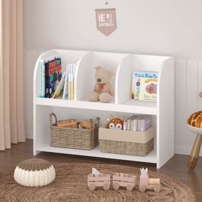White 4-Compartment Kids Safety Bookcase, MDF Toy Storage Rack Max Load 25Lbs with Wall Buckle