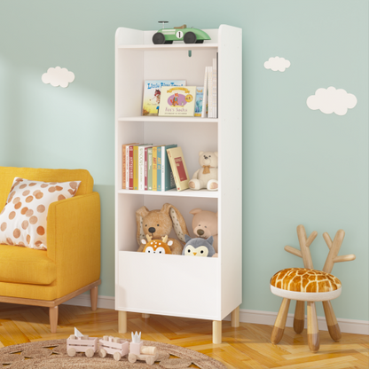 Kids 4-Tier Bookcase and Toy Storage Organizer with Pine Legs, White