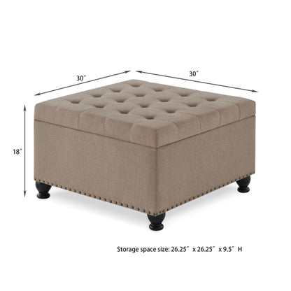 Linen Square Storage Ottoman, Button Tufted Ottoman Coffee Table with Nail Trim & Spindle Wood Legs, 30 inchW x30 inchD x18 inchH