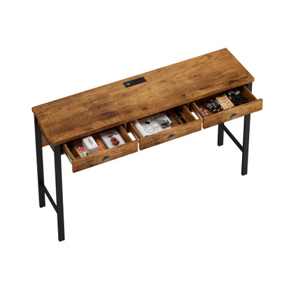3-Drawer Long Dining Table Set with Power Outlets, Bar Kitchen Table Set with Circular PU Stools, Easy Assemble,Brown