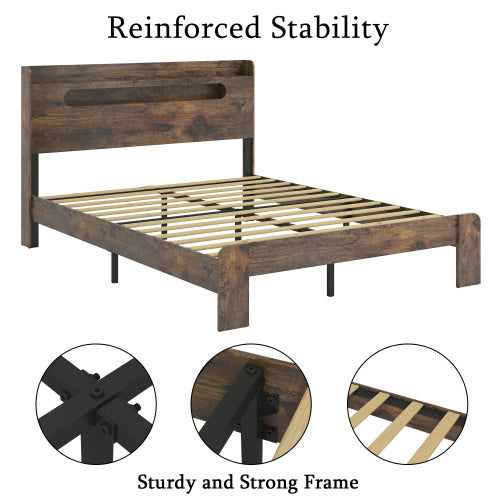 Bed Frame King Size, Wood Platform Bed Frame with Storage LED Light Headboard and 2 USB , Noise Free,No Box Spring Needed and Easy Assembly Tool,Large Under Bed Storage,Dark Brown