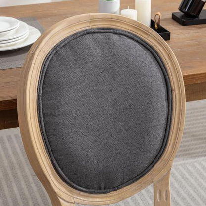Set of 2 Dark Gray French Carved Solid Wood Linen Dining Chairs, Antique Painted Frame 300 LBS Capacity